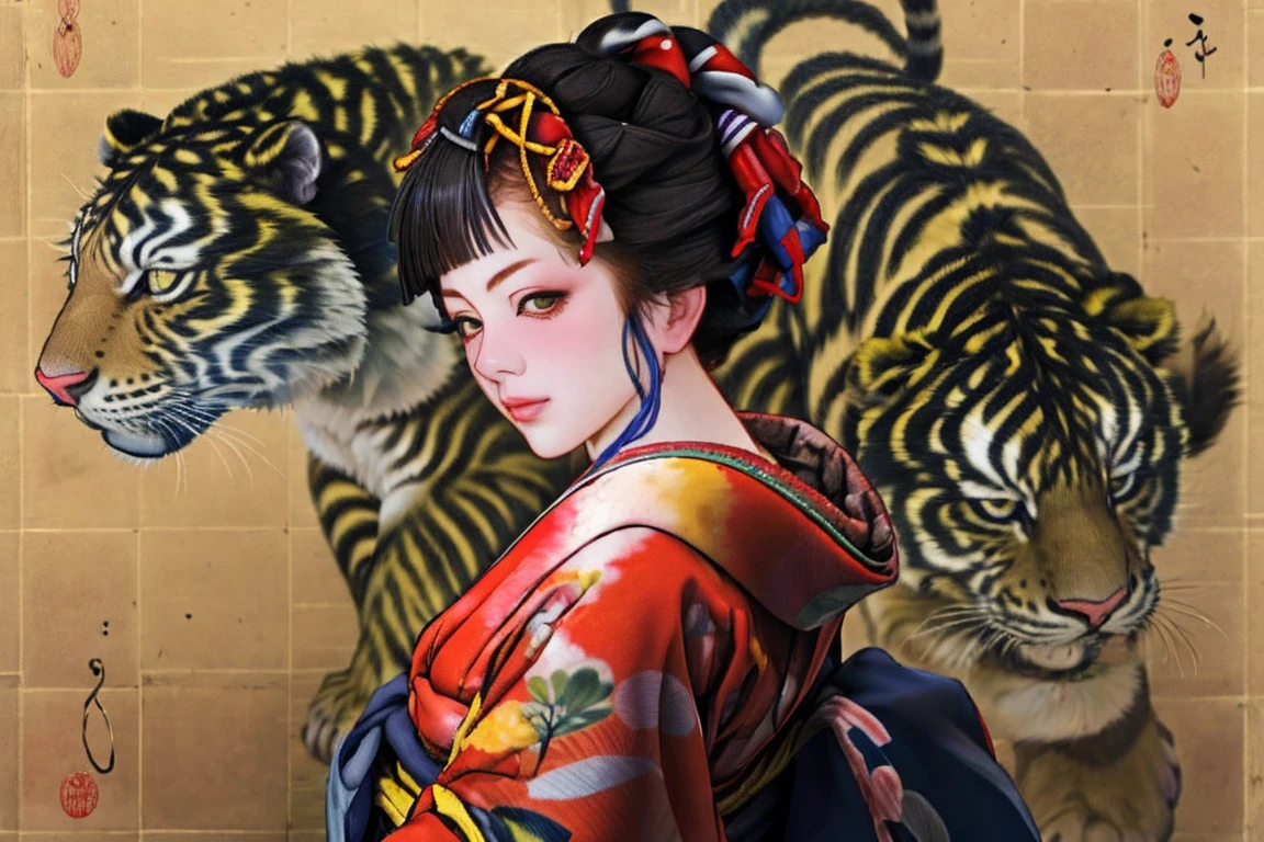 1 Girl, alone, Oiran, Maiko, country, Looking at the audience, short hair, Brown eyes, Brown Hair, Black Hair, hair ornaments, Upper Body, kimono, Blunt bangs, kimono, sash, Compensate, Bob cut hair, background with white Tiger and Chinese blue Dragon,