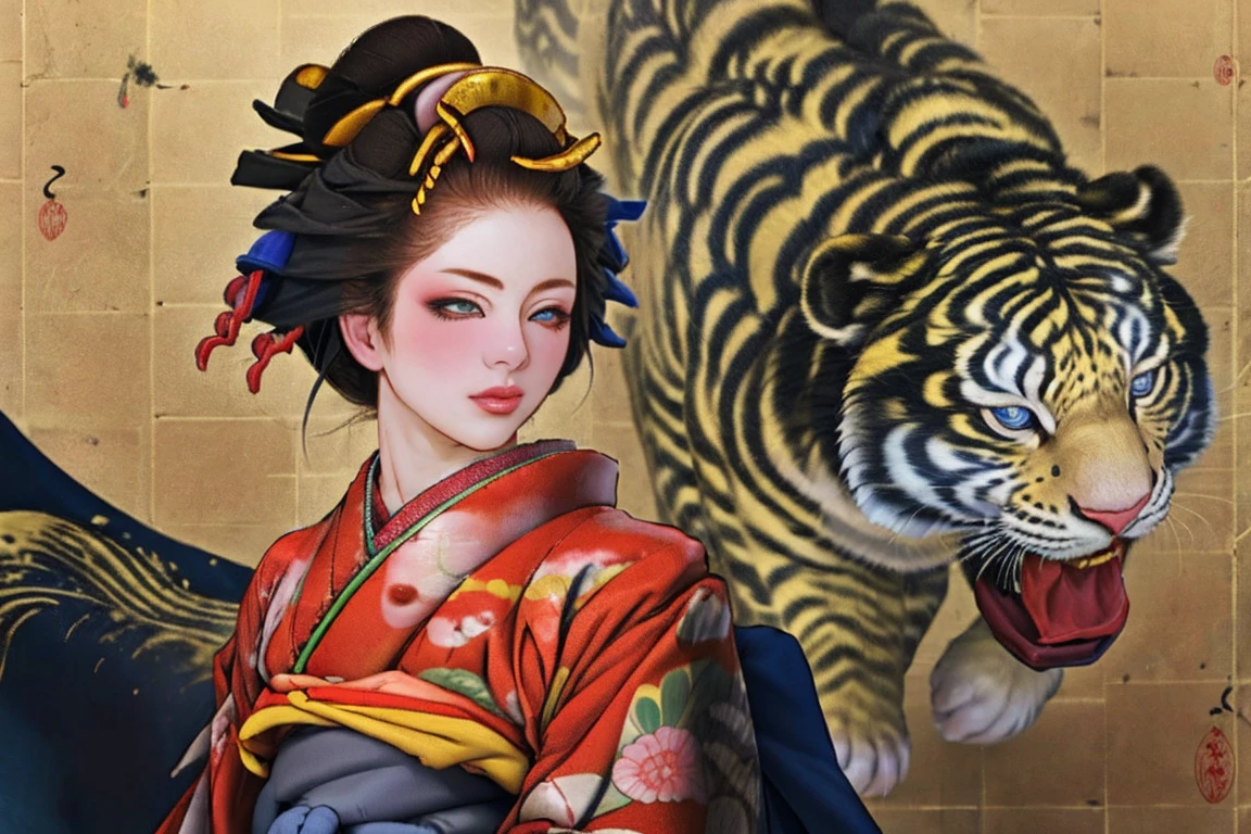 1 Girl, alone, Oiran, Maiko, country, Looking at the audience, short hair, Brown eyes, Brown Hair, Black Hair, hair ornaments, Upper Body, kimono, Blunt bangs, kimono, sash, Compensate, Bob cut hair, background with white Tiger and Chinese blue Dragon,