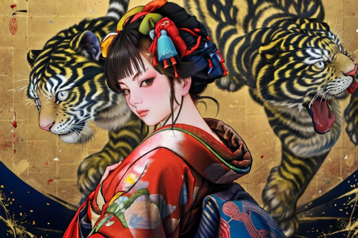 1 Girl, alone, Oiran, Maiko, country, Looking at the audience, short hair, Brown eyes, Brown Hair, Black Hair, hair ornaments, Upper Body, kimono, Blunt bangs, kimono, sash, Compensate, Bob cut hair, background with white Tiger and Chinese blue Dragon,