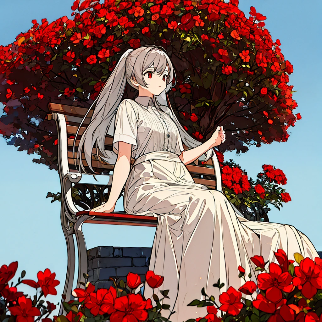 Light gray background Woman sitting on bench Red flowers Simple　