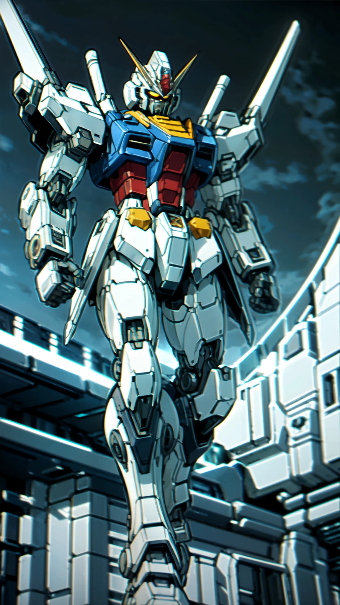 (masterpiece:1.5, best quality:1.5, extremely delicate:1.5), humanoid Mecha, fully enclosed shoulder guards, matching arm and leg guards, full body, full armor, the design balances heavy with agility, (the color scheme is primarily white with red and blue accents, the concept Inspired by Super robot, organic biotech armor, standing, floating high above the futuristic sci-fi city), exquisite and mature art style, (aura effect, energy, glowing eyes, the armor glows), metallic, dramatic, high definition, highres, ultra-detailed, ultra-fine painting, professional, perfect body proportions, anatomically correct, symmetrical face, extremely detailed eyes and face, high quality eyes, creativity, RAW photo, UHD, 32k, Natural light, cinematic lighting, masterpiece-anatomy-perfect