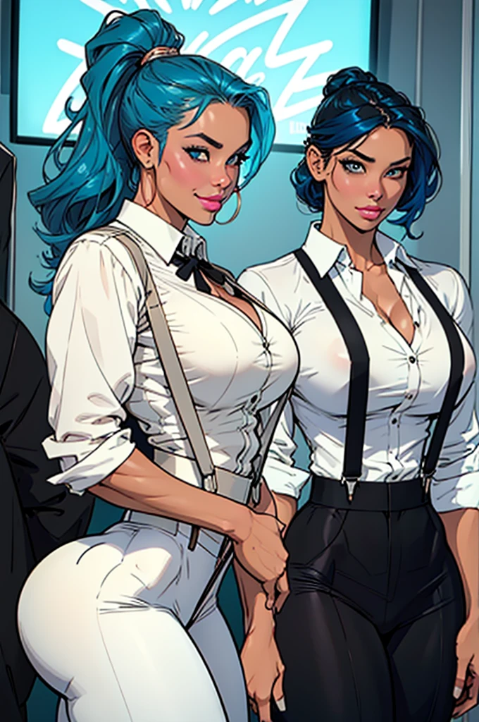 Latina woman ((white shirt, black tie, suspenders)), luminous skin, exquisite face, round face, steady look, ponytail teal blue hair, slender waist, wide hips, massive breasts: 1.5, glowing mouth, thick-thighs, muscular arms, grinning, bulging woman, symmetrical eyes, detailed hands, detailed eyes, attractive body, Beautiful and symmetrical body, perfect body, curvy body. striking a delicate pose