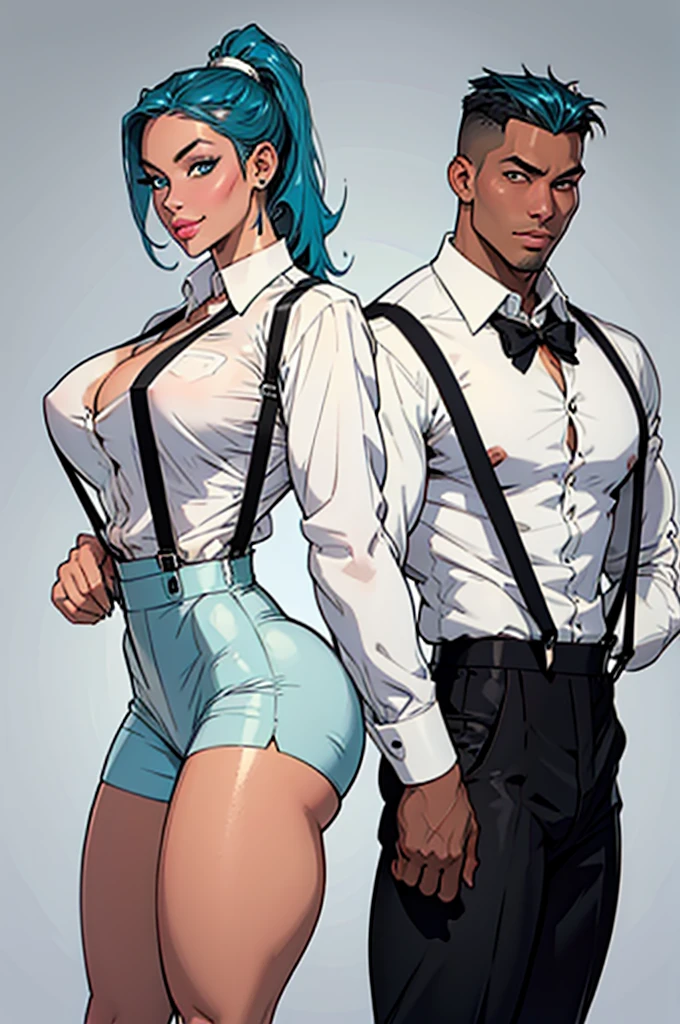 Latina woman ((white shirt, black tie, suspenders)), luminous skin, exquisite face, round face, steady look, ponytail teal blue hair, slender waist, wide hips, massive breasts: 1.5, glowing mouth, thick-thighs, muscular arms, grinning, bulging woman, symmetrical eyes, detailed hands, detailed eyes, attractive body, Beautiful and symmetrical body, perfect body, curvy body. striking a delicate pose