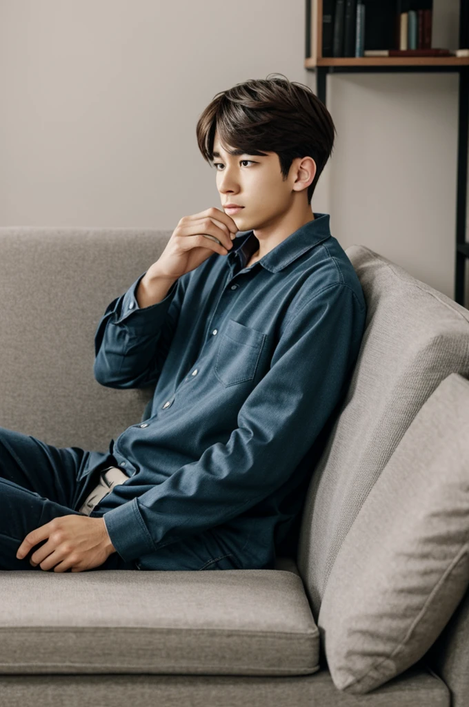 An anxious boy sitting on a sofa anime version