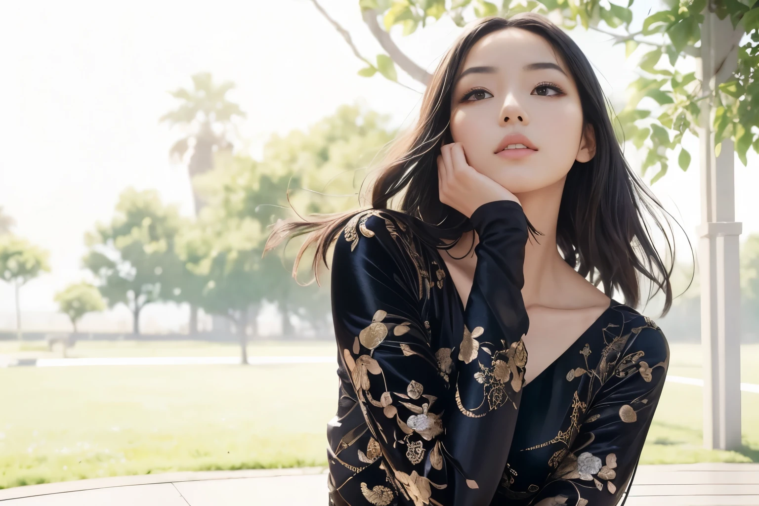 (Best quality, 8k, 32k, Masterpiece, UHD:1.2) "Generate a captivating artwork featuring a young Japanese girl model with short, sleek black hair styled in a chic bob haircut. Envision her bathed in dramatic cinematic lighting, creating an atmosphere of allure and mystery. Emphasize a romantic aesthetic vibe, showcasing the model in a poised and elegant pose that evokes a sense of intimacy and sophistication. Utilize warm and soft tones to enhance the romantic ambiance, and consider incorporating elements like flowing fabrics or flowers to add a touch of ethereal beauty. Capture the essence of romance and beauty through the model's expression, the play of light and shadows, and the overall aesthetic, creating a visually compelling and emotionally resonant piece." (perfect eyes), flawless skin, flawless face, cinematic, tight body, ((well-proportion female hands)),