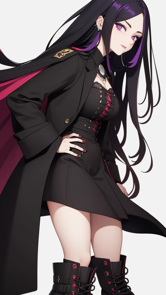 Young woman, 21 years old, full length, White background. Black hair with acid red ends. One eye is blue, Other purple. Pierced nose with ring on the left. haughty expression on his face. long black coat, lace-up boots.