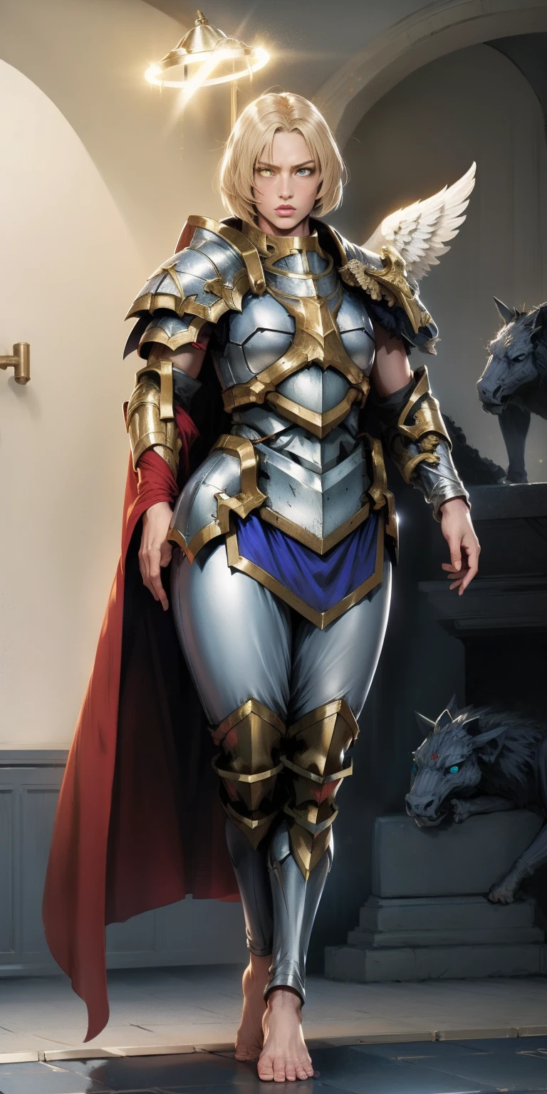 low angle from below full body toe to head inside the frame, paladin templar lady in white tabard, legwear, glowing yellow eyes, collar, golden chainmail, wide hips, barefoot together, angel wings, pauldrons, halo, silver platinum bob cut, blonde, eye focus, red cape, temple indoors, detailed, cinematic, fantasy