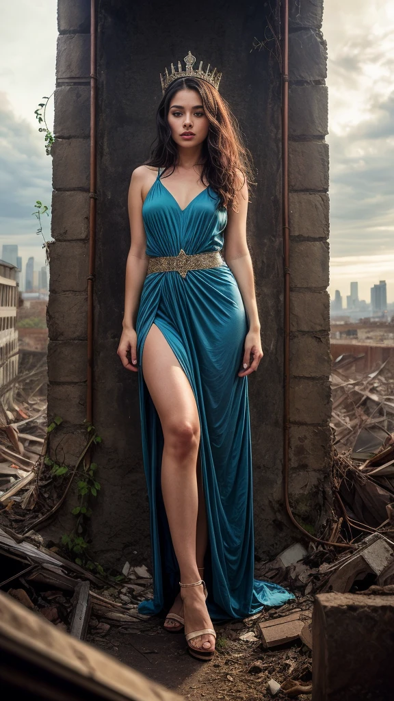 A beautiful European women, queen, Leaning on a wall, full body, wearing torn dress, long dress, bone crown, grey sky, Post-Apocalyptic city, lianas, trees, vines. She is 24 years old, has black hair, long hair, curly hair and black eyes. Her cloth is stylish and her overall appearance is stunning. The girl's face is extremely detailed with beautifully detailed lips. Her skin is anatomically correct with realistic textures. The image should have super high details and be of the best quality, with a resolution of 8K. The final result should be a masterpiece, showcasing the girl's beauty and the vibrant atmosphere of The destroyed Post-Apocalyptic city, trees and vines