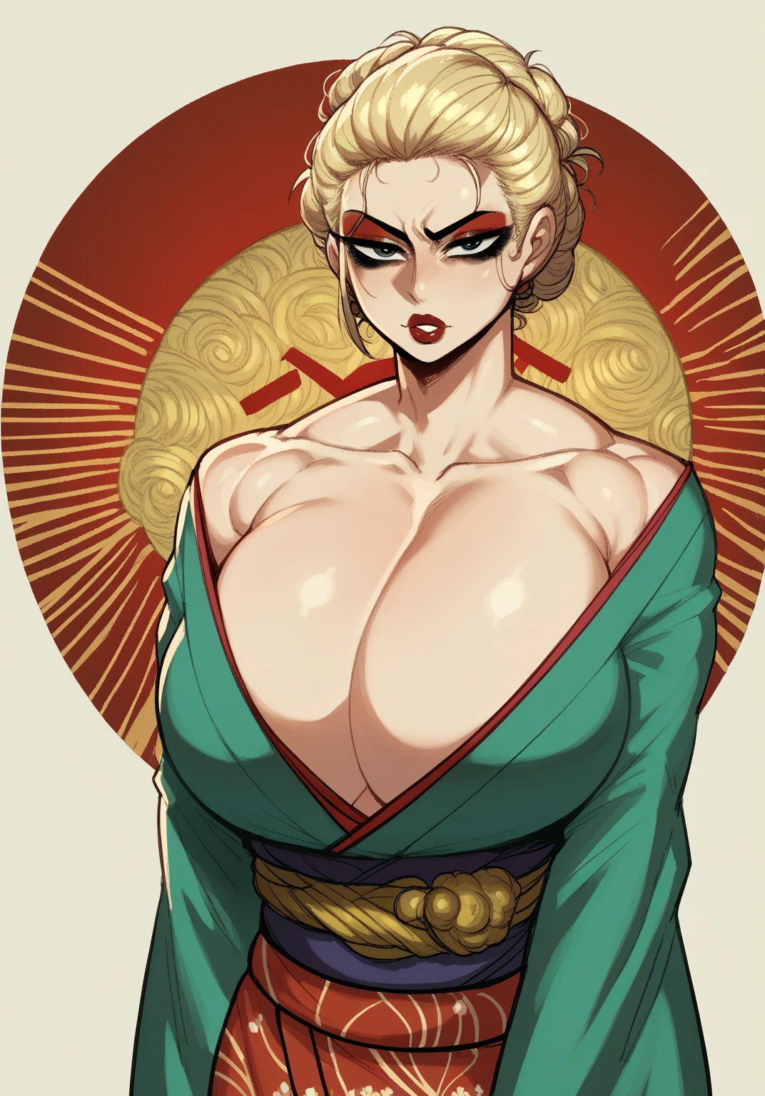 score_9, score_8_up, score_7_up, score_6_up, score_5_up, score_4_up, BREAK 1girl, ((muscular body:1)), intricate, kimono, (eyeliner:1.2), looking at viewer, bob hairstyle, blonde, jewelry, detailed background,huge breasts (masterpiece, high quality:1),
