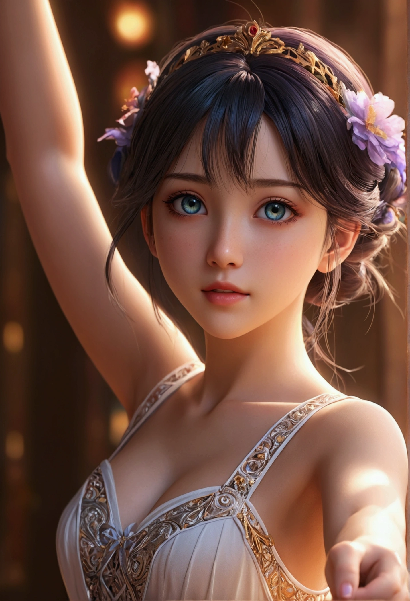 a beautiful anime girl, 1girl, arms outstretched, detailed face, beautiful eyes, long eyelashes, intricate details, vibrant colors, warm lighting, dynamic pose, cinematic composition, digital art, highly detailed, masterpiece, photorealistic, 8k, best quality