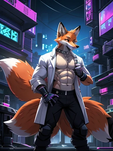 ((Red fox fur:1.5)), solo, Perfect blue eyes, Spike Collar, (artist:Takemoto Arashi), Mature face, elder, Wearing actical functional work colthing|Black pants, ((Thin and tall figure)), , fang out, Smile evilly, (Cyberpunk:1.5), oral invitation, local ruffian, rogue, maliciously, There is a high-tech motorcycle next to the character, Look at the audience, sitting|bending knees, first-person view, from side, atmospheric perspective, super detail, high details, 8k,(nine tails:1.5),(wide hips:1.5),(male),(muscular:1.5),(lab coat:1.5),(lab:1.5)