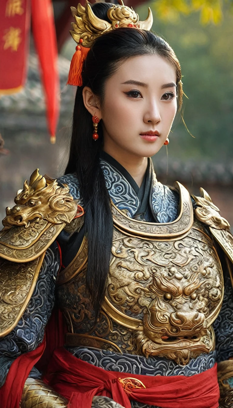 Front view, ancient Chinese girl, 2 century, looking at viewer, beautiful Chinese  Young General,  girl is 26 years old, (Highly detailed face, Black hair, middle hair ,Brown eye, Variegated eyes, Ordinary eyes,  Tapered eyebrows,  Fuller lips, little Lips, Silas), (ears decoration earring), (middle breasts, middle hip), (ancient Chinese costume, Red decoration leather armor emboss armor of dragon ,  leather inner clothes,  put shoulder Red Cloak ), (holding a ancient Chinese Broad sword), standing in Chinese Palace, near Garden, sunset ,(masterpiece, Highest quality, masterpiece, God-like quality, Godly art, , Very realistic)