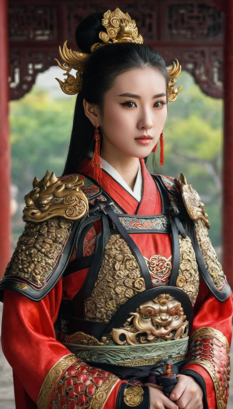 Front view, ancient Chinese girl, 2 century, looking at viewer, beautiful Chinese  Young General,  girl is 26 years old, (Highly detailed face, Black hair, middle hair ,Brown eye, Variegated eyes, Ordinary eyes,  Tapered eyebrows,  Fuller lips, little Lips, Silas), (ears decoration earring), (middle breasts, middle hip), (ancient Chinese costume, Red decoration leather armor emboss armor of dragon ,  leather inner clothes,  put shoulder Red Cloak ), (holding a ancient Chinese Broad sword), standing in Chinese Palace, near Garden, sunset ,(masterpiece, Highest quality, masterpiece, God-like quality, Godly art, , Very realistic)