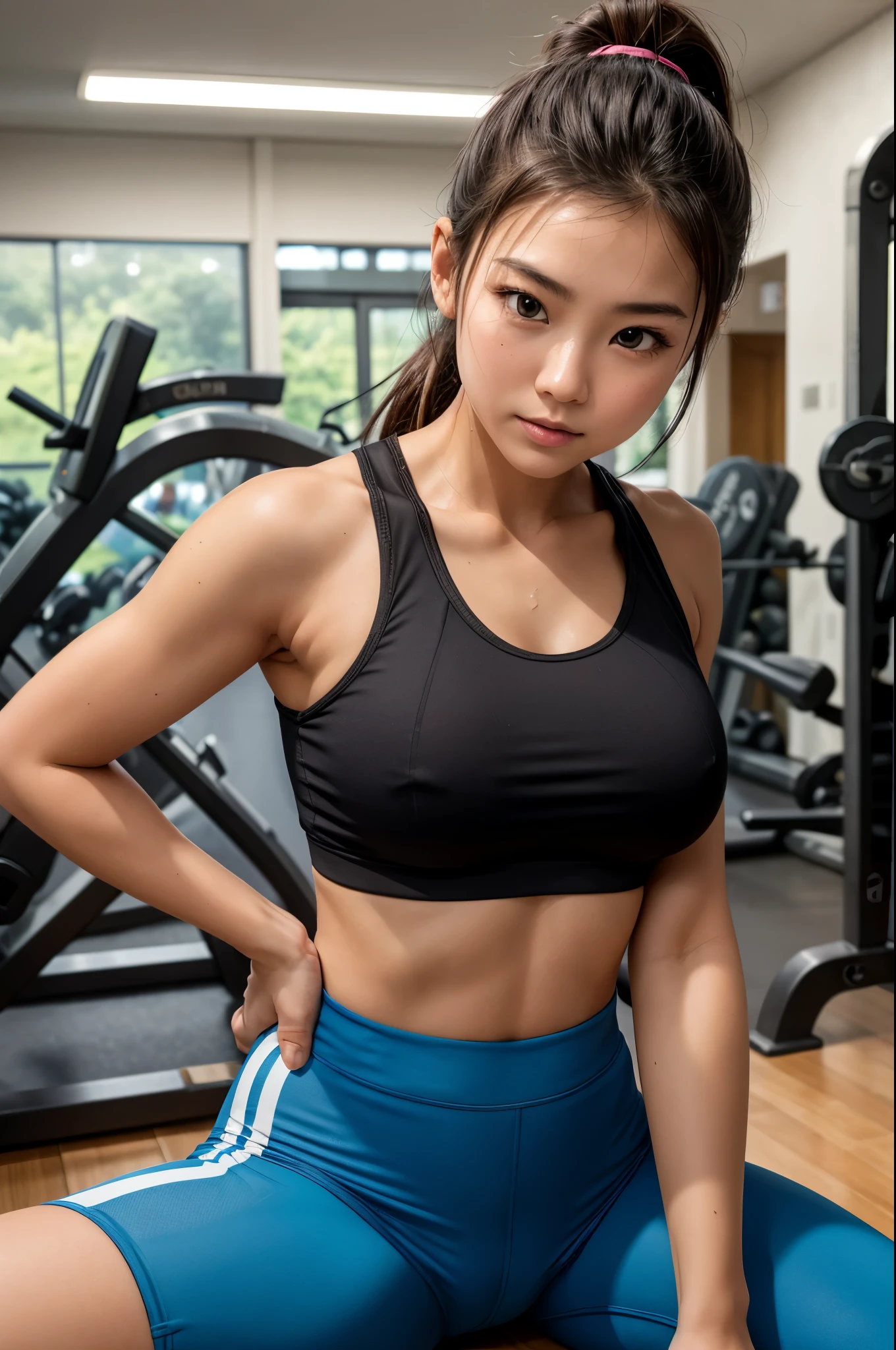 A lady, taiwan girl, Healthy complexion, dark brown hair, High ponytail, beautiful face, beautiful eyes, Healthy body, [[muscle]], Sports vest, sports trousers, in the gym, sports water bottle, serious, train hard, gymnastics, sit_rest, Eevee drawing, (Sweat水), [流Sweat中], [[Sweat_wet]], Depth of Field, Volumetric lights, 