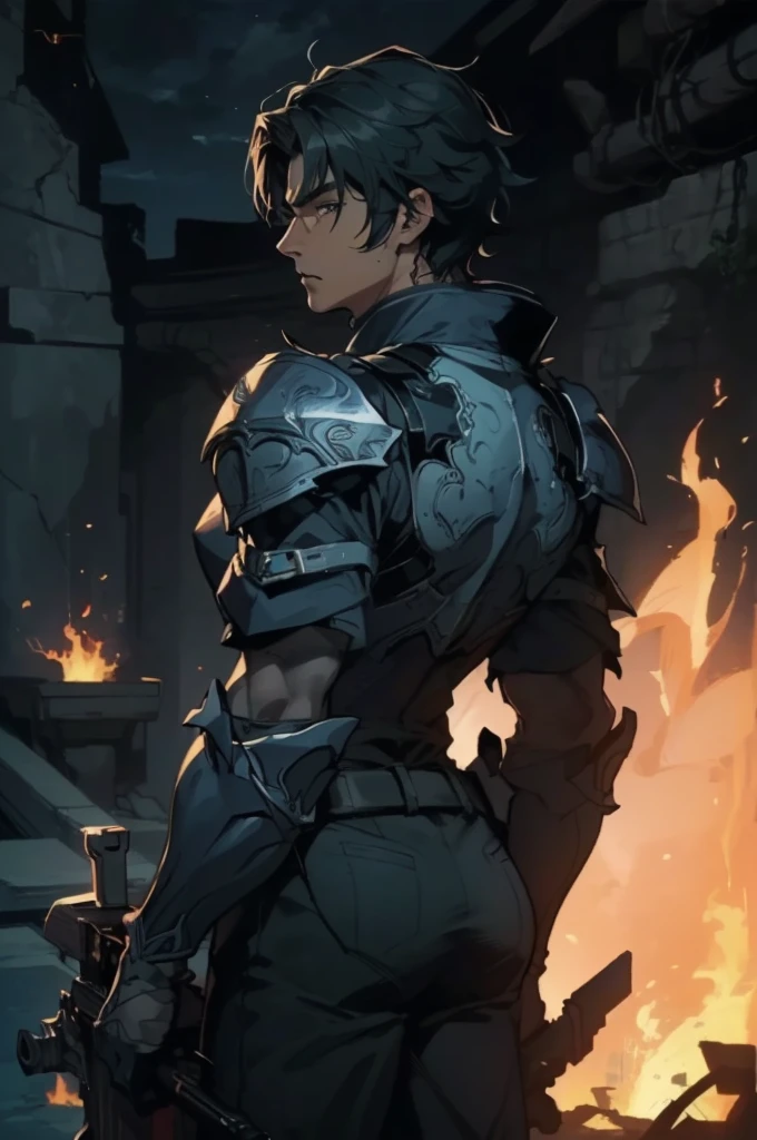(absurdities, High Resolutions, ultra detailed, HDR), Masterpiece, The best quality, final fantasy xvi, clive rosfield, 1man only, handsome, short hair, black hair, vibrant blue eyes, fine eyes and detailed face, (((fire, llamas, To his back)) armor, ((Intricate weapon)). Final Fantasy, clive rosfield,, abs, badass pose, Anime boy with hands on head, Beautiful anime pose, Anime hombre handsome, anime male character, Badass Anime 8K, Detailed anime character art, HDR Anime MacManus Anime Concept, anime boy, Ikuto Yamashita, CG anime soft art, manga wallpaper 4k, inspired by Yamagata Hiro, anime wallaper