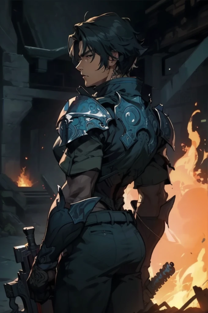 (absurdities, High Resolutions, ultra detailed, HDR), Masterpiece, The best quality, final fantasy xvi, clive rosfield, 1man only, handsome, short hair, black hair, vibrant blue eyes, fine eyes and detailed face, (((fire, llamas, To his back)) armor, ((Intricate weapon)). Final Fantasy, clive rosfield,, abs, badass pose, Anime boy with hands on head, Beautiful anime pose, Anime hombre handsome, anime male character, Badass Anime 8K, Detailed anime character art, HDR Anime MacManus Anime Concept, anime boy, Ikuto Yamashita, CG anime soft art, manga wallpaper 4k, inspired by Yamagata Hiro, anime wallaper