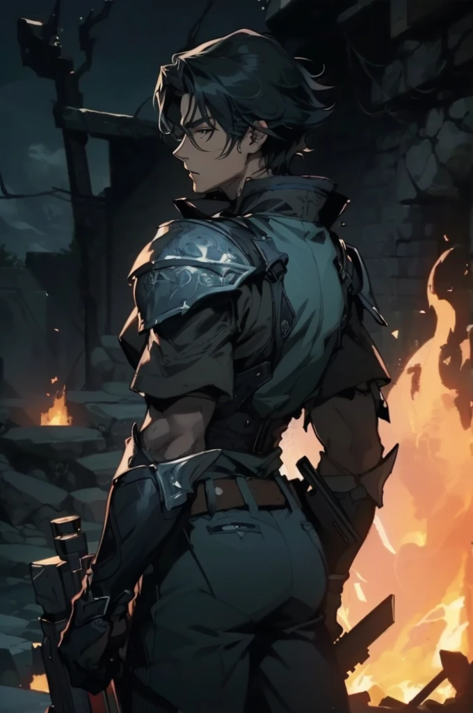 (absurdities, High Resolutions, ultra detailed, HDR), Masterpiece, The best quality, final fantasy xvi, clive rosfield, 1man only, handsome, short hair, black hair, vibrant blue eyes, fine eyes and detailed face, (((fire, llamas, To his back)) armor, ((Intricate weapon)). Final Fantasy, clive rosfield,, abs, badass pose, Anime boy with hands on head, Beautiful anime pose, Anime hombre handsome, anime male character, Badass Anime 8K, Detailed anime character art, HDR Anime MacManus Anime Concept, anime boy, Ikuto Yamashita, CG anime soft art, manga wallpaper 4k, inspired by Yamagata Hiro, anime wallaper