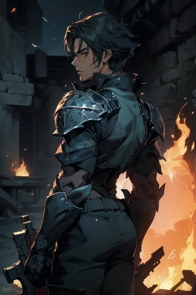 (absurdities, High Resolutions, ultra detailed, HDR), Masterpiece, The best quality, final fantasy xvi, clive rosfield, 1man only, handsome, short hair, black hair, vibrant blue eyes, fine eyes and detailed face, (((fire, llamas, To his back)) armor, ((Intricate weapon)). Final Fantasy, clive rosfield,, abs, badass pose, Anime boy with hands on head, Beautiful anime pose, Anime hombre handsome, anime male character, Badass Anime 8K, Detailed anime character art, HDR Anime MacManus Anime Concept, anime boy, Ikuto Yamashita, CG anime soft art, manga wallpaper 4k, inspired by Yamagata Hiro, anime wallaper