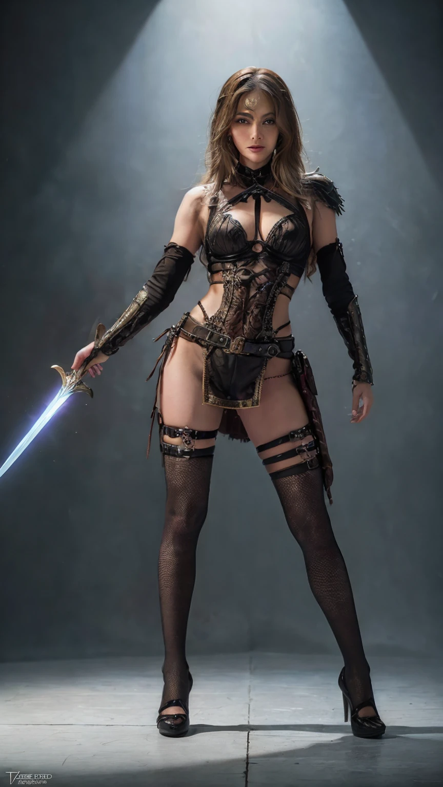 ((Full body photo, standing, feet on the floor)) a woman dressed as a warrior holding a sword, fishnet tights,  sexy painting of gal gadot, tyler edlin fantasy art, fantasy woman, gal gadot as hell lord, zenescope, a very beautiful berserker woman, magali villeneuve', as seen on artgerm, very beautiful female barbarian, artgerm julie bell beeple, 4k fantasy art