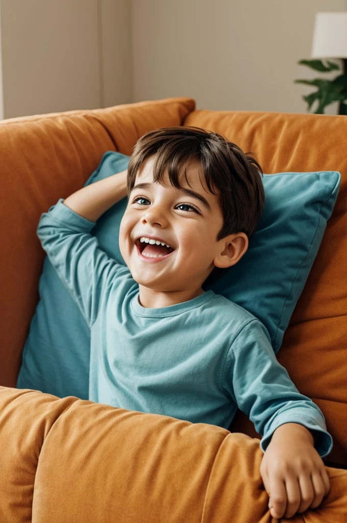 A happy and anxious  boy on his animated sofa