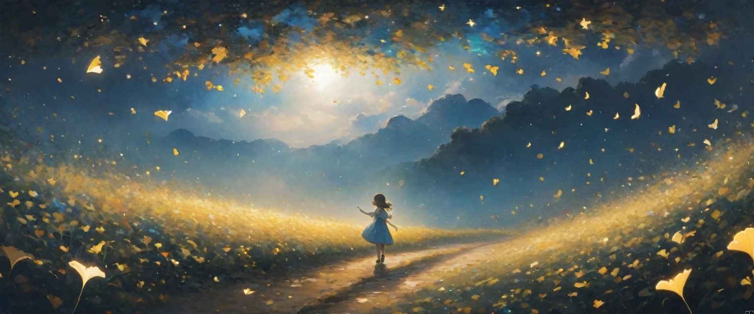 quality\(8k,非常に精細なCGユニットのwallpaper, masterpiece,High resolution,top-quality,top-quality real texture skin,Surreal,Increase the resolution,RAW Photos,最高quality,Very detailed,wallpaper\),break、Circle image、Ginkgo Forest、Almost black blue sky、Stars and clouds、Fresh perspectives、break、Overall dark、Cinema Lighting、Very sophisticated lighting、