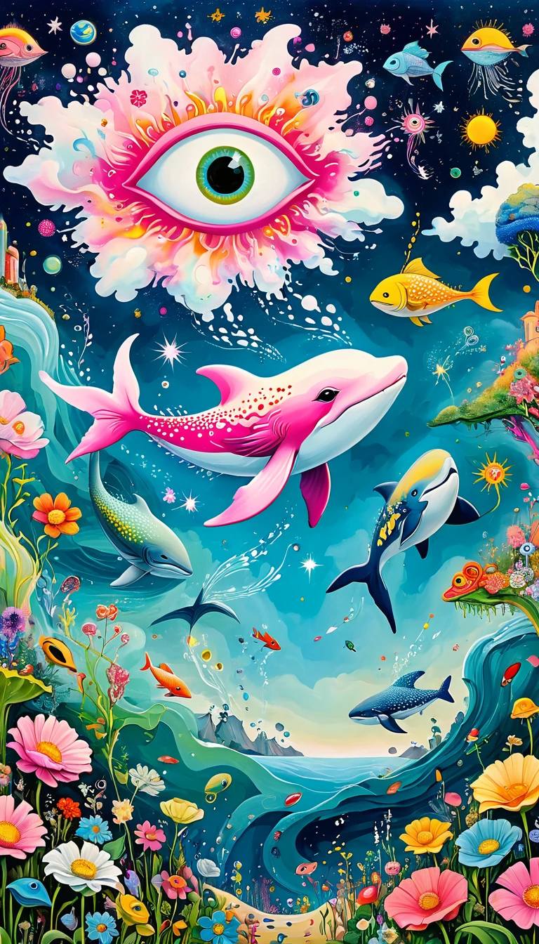Children's graffiti,Thick coating，Concave and convex texture，Oil pastel strokes：Artists from the stars，Child，Flying Whale:1.37、Eruption Cloud、flowesh、章fish触手瀑布。、bird、(((Eye)))、diatom，Abstract mosaic painting，Describing the inner world of autistic people，Large area of white，interesting，Innocence，Vision，Psychedelic Art，
