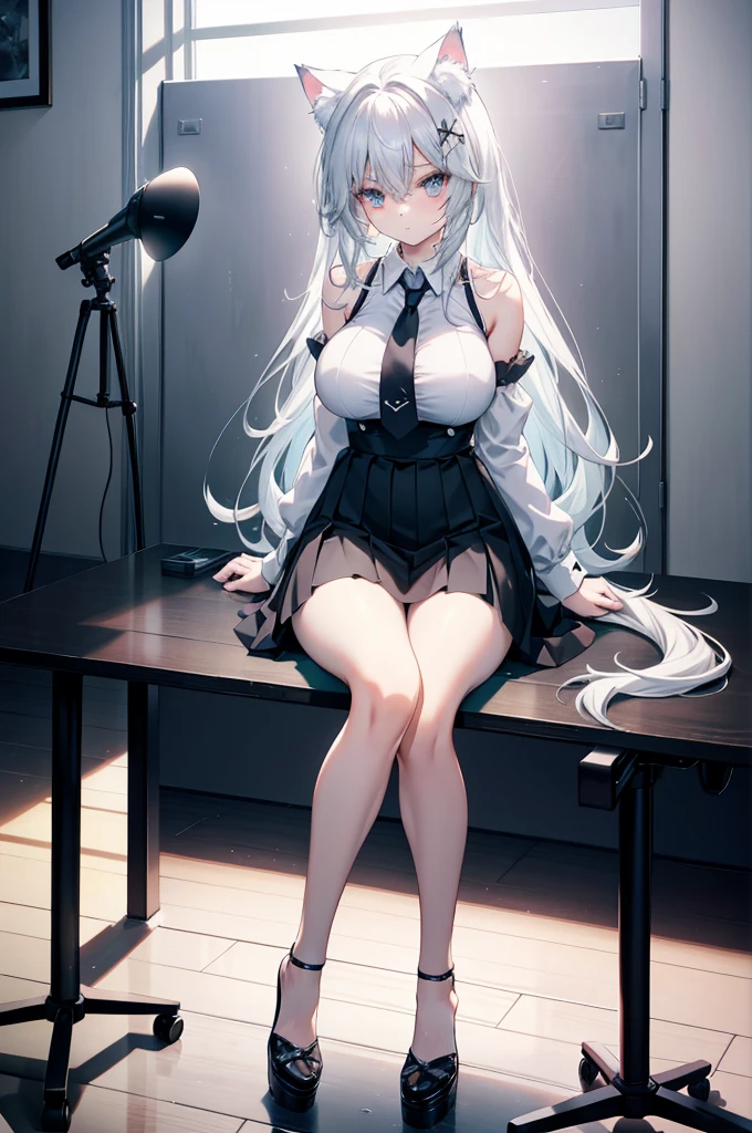 anime, 1 girl, cat girl, cat ears, perfect face, Radiant skin, Beautiful long flowing hair very huge breasts, Open breasts,Bare shoulders exposed, arms exposed, Slim toned body, cute posture, sitting on carboard box, Slim white shirt with tie, Tight black skirt, High skirt, five fingers, long legs, 8 k artistic photography, Conceptual art of photorealism, soft natural volumetric cinematic perfect light, epic, Trending on Artstationh, vibrant, Production of a cinematic character, very high quality model, Chiaroscuro