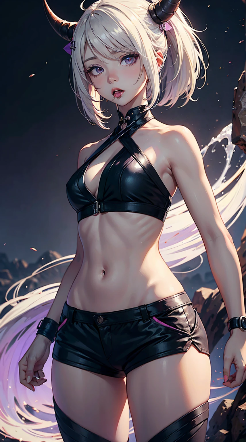 1 girl, adult woman,  Alone, g0ld3mb, air, (platinum blonde hair) hair, hime cut, (kawaii hair clips:1.2)    high quality, Best Quality, high resolution, High detail, (airen aura magic), hair uplifted, horns, neeko, purple hair, sexy, full body, skinny body, hips window, sexy, naked legs, midriff, light grey skin, drooling, light purple saliva, corrupted, curious look, 