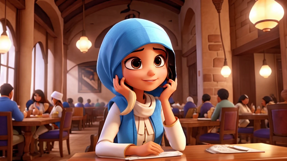 in the restaurant, arabe woman covered head, 3D pixar