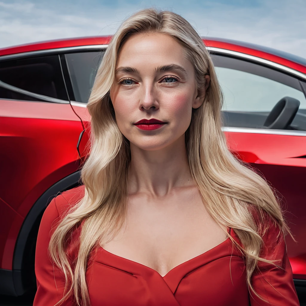 naked blonde woman with perfect features in tesla model Y red color