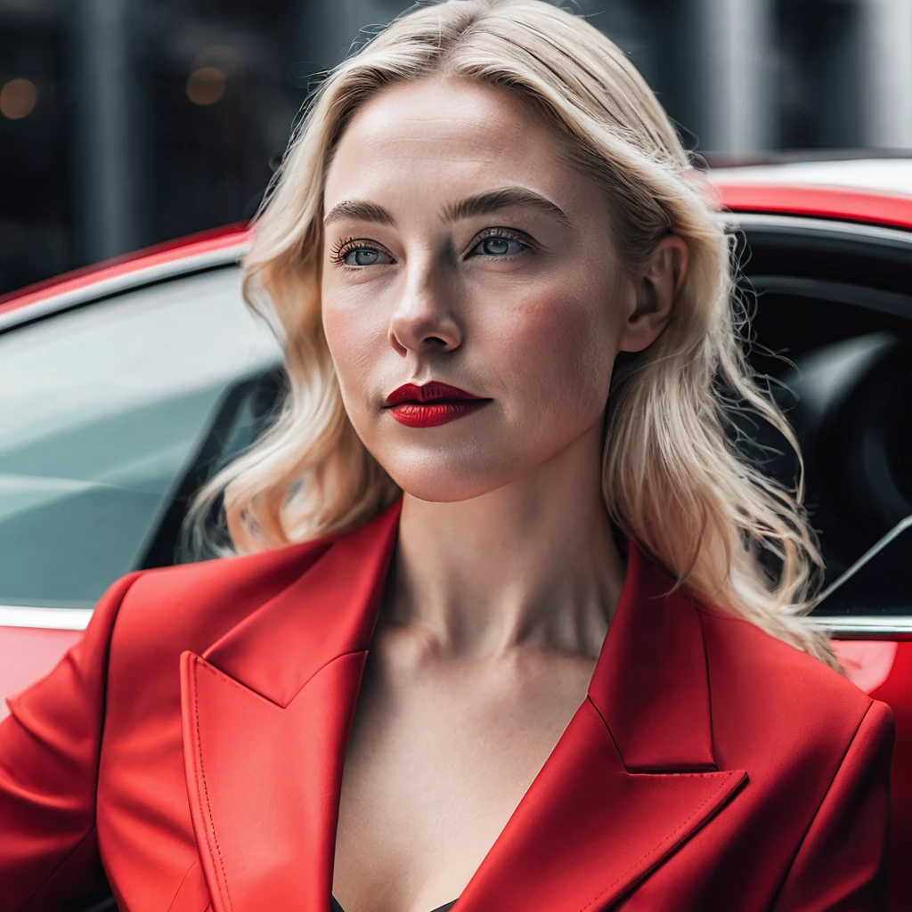 naked blonde woman with perfect features in tesla model Y red color