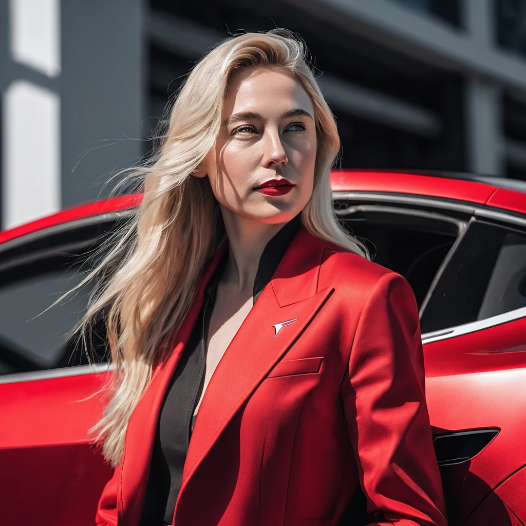 naked blonde woman with perfect features in tesla model Y red color