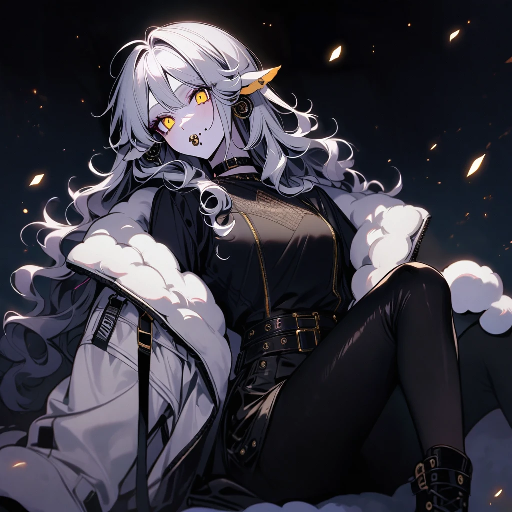 (well done:1) woman, pale white skin, sheep's ears and tail, curly hair down to black shoulders, yellow eyes, mouth piercing, black choker, white winter jacket with black details, black shirt underneath, black pants , black boots, pantyhose.