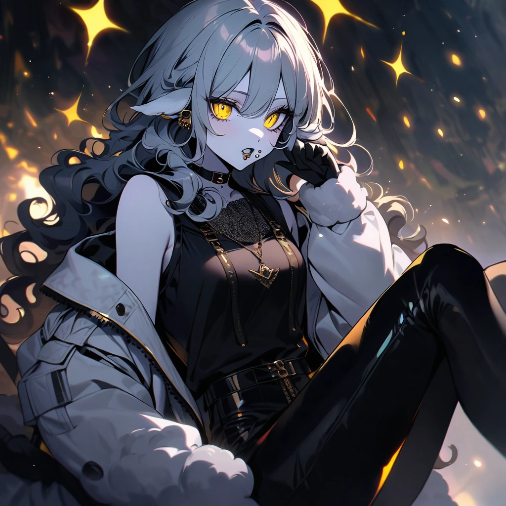 (well done:1) woman, pale white skin, sheep's ears and tail, curly hair down to black shoulders, yellow eyes, mouth piercing, black choker, white winter jacket with black details, black shirt underneath, black pants , black boots, pantyhose.