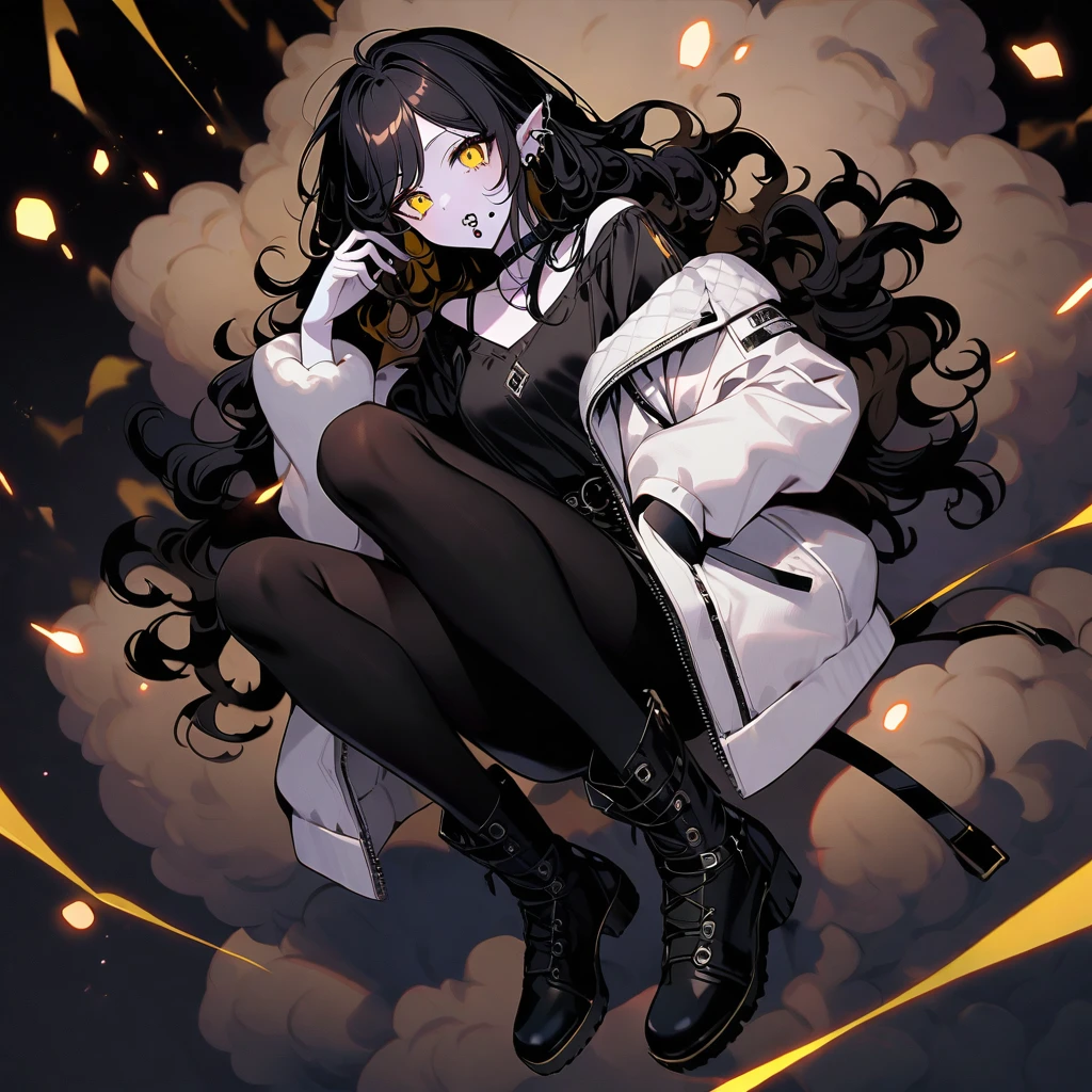 (well done:1) woman, pale white skin, sheep's ears and tail, curly hair down to black shoulders, yellow eyes, mouth piercing, black choker, white winter jacket with black details, black shirt underneath, black pants , black boots, pantyhose.