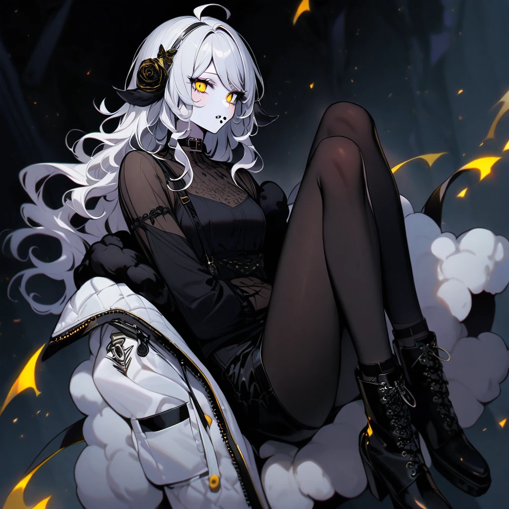 (well done:1) woman, pale white skin, sheep's ears and tail, curly hair down to black shoulders, yellow eyes, mouth piercing, black choker, white winter jacket with black details, black shirt underneath, black pants , black boots, pantyhose.