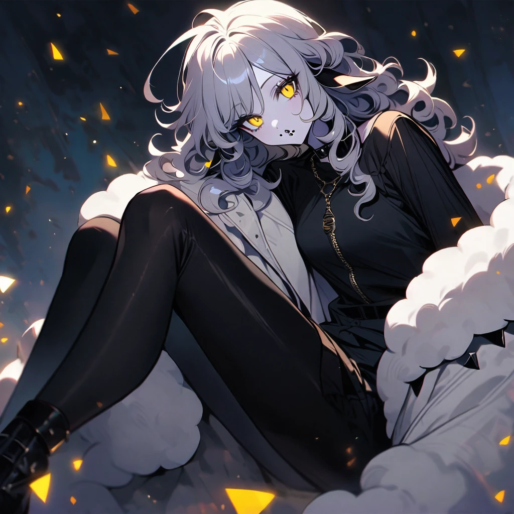 (well done:1) woman, pale white skin, sheep's ears and tail, curly hair down to black shoulders, yellow eyes, mouth piercing, black choker, white winter jacket with black details, black shirt underneath, black pants , black boots, pantyhose.