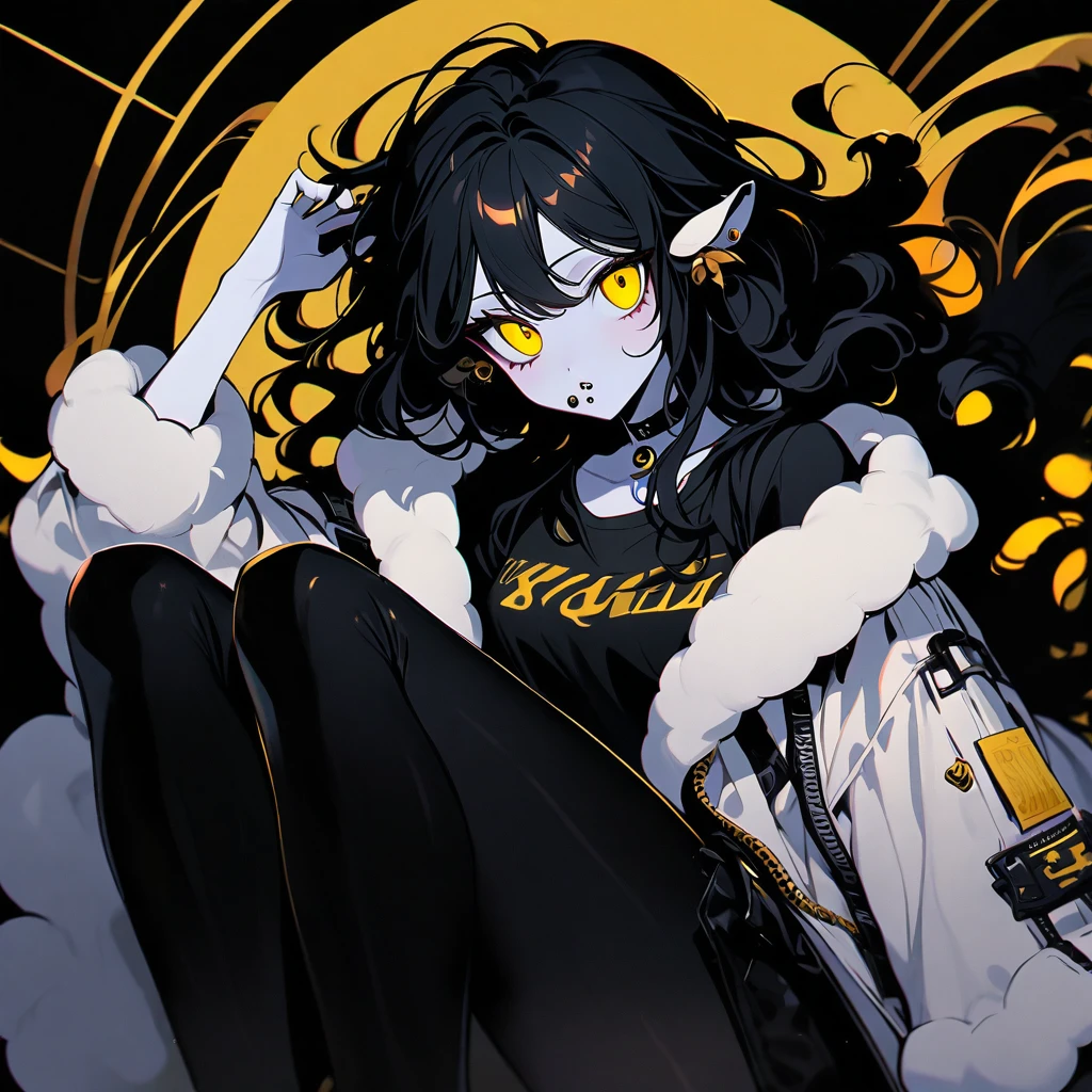 (well done:1) woman, pale white skin, sheep's ears and tail, curly hair down to black shoulders, yellow eyes, mouth piercing, black choker, white winter jacket with black details, black shirt underneath, black pants , black boots, pantyhose.