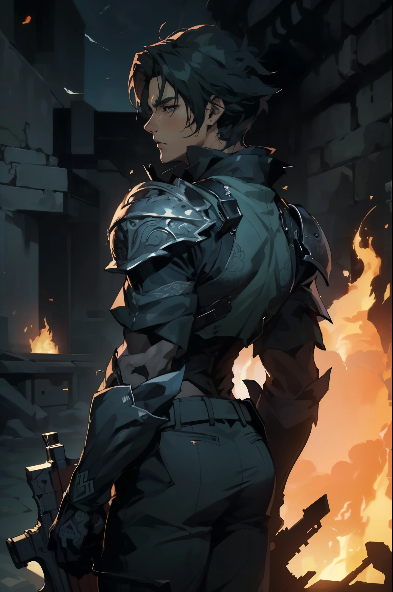 (absurdities, High Resolutions, ultra detailed, HDR), Masterpiece, The best quality, final fantasy xvi, clive rosfield, 1man only, handsome, short hair, black hair, vibrant blue eyes, fine eyes and detailed face, (((fire, llamas, To his back)) armor, ((Intricate weapon)). Final Fantasy, clive rosfield,, abs, badass pose, Anime boy with hands on head, Beautiful anime pose, Anime hombre handsome, anime male character, Badass Anime 8K, Detailed anime character art, HDR Anime MacManus Anime Concept, anime boy, Ikuto Yamashita, CG anime soft art, manga wallpaper 4k, inspired by Yamagata Hiro, anime wallaper
