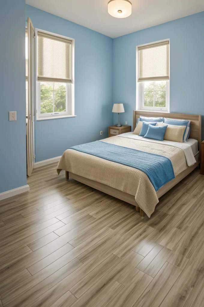 Room with beige walls and shades of blue, the floor is grass