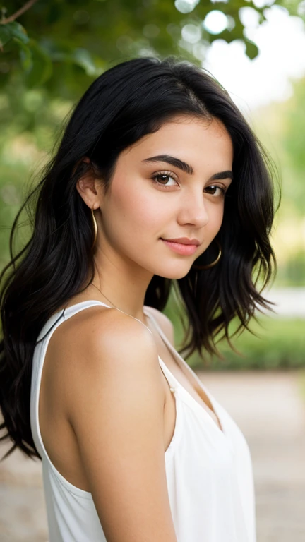 A girl with black hair, white, latina, green eyes, around 19 years

