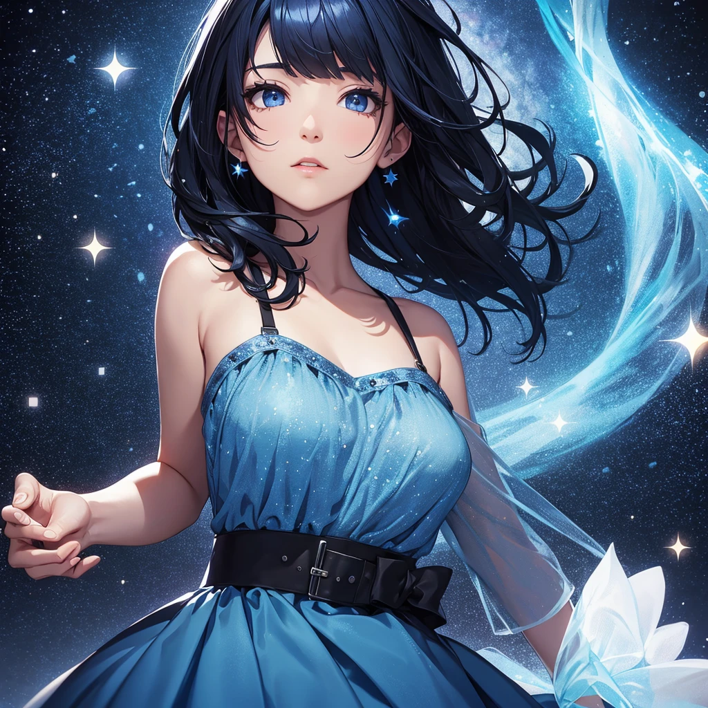 1 , blue dress with black hair, black eyes in a starry setting