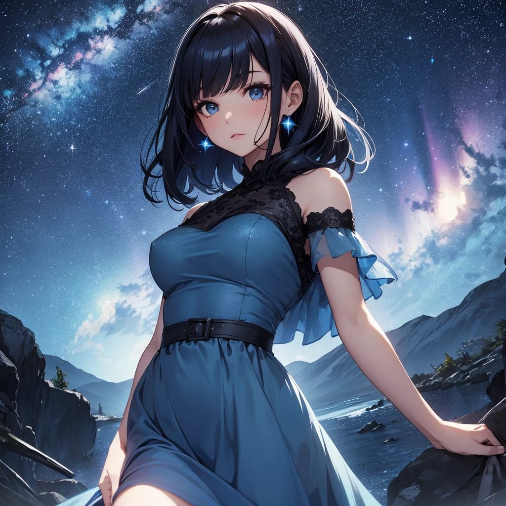 1 , blue dress with black hair, black eyes in a starry setting

