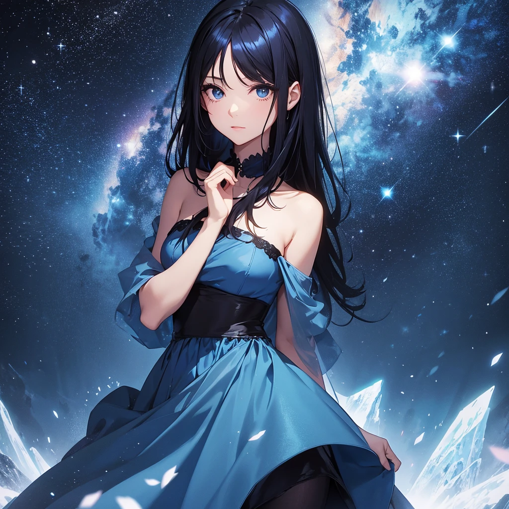 1 , blue dress with black hair, black eyes in a starry setting

