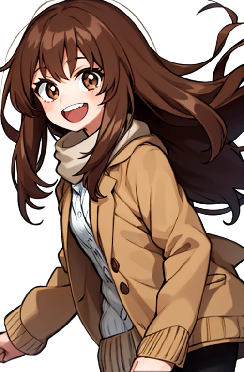 Horikoshi Kouhei, 1 girl, brown hair, brown eyes, long eyes,long hair, happy.