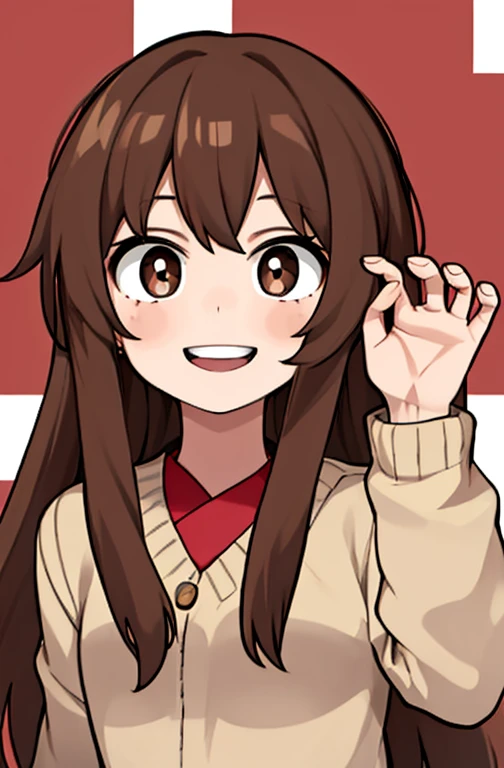 Horikoshi Kouhei, 1 girl, brown hair, brown eyes, long eyes,long hair, happy.