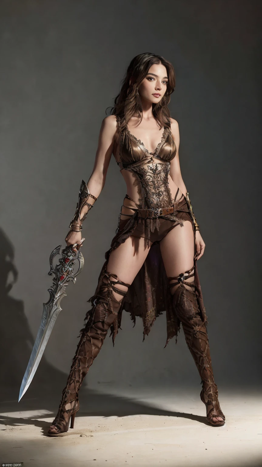 ((Full body photo, standing, feet on the floor)) a woman dressed as a warrior holding a sword, sexy painting of gal gadot, tyler edlin fantasy art, fantasy woman, gal gadot as hell lord, zenescope, a very beautiful berserker woman, magali villeneuve', as seen on artgerm, very beautiful female barbarian, artgerm julie bell beeple, 4k fantasy art