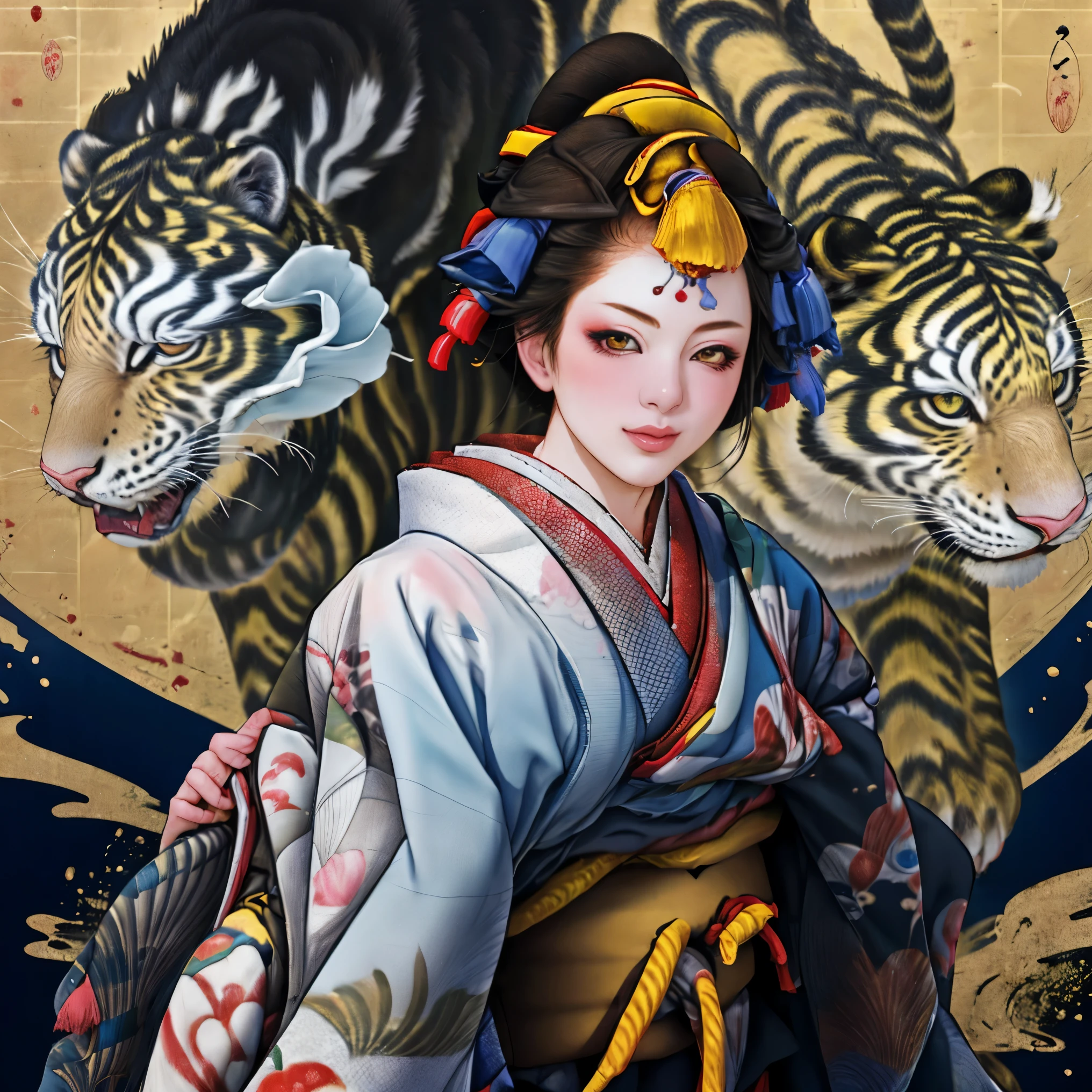 1 Girl, alone, Oiran, Maiko, country, Looking at the audience, short hair, Brown eyes, Brown Hair, Black Hair, hair ornaments, Upper Body, kimono, Blunt bangs, kimono, sash, Compensate, Bob cut hair, background with white Tiger and Chinese blue Dragon,