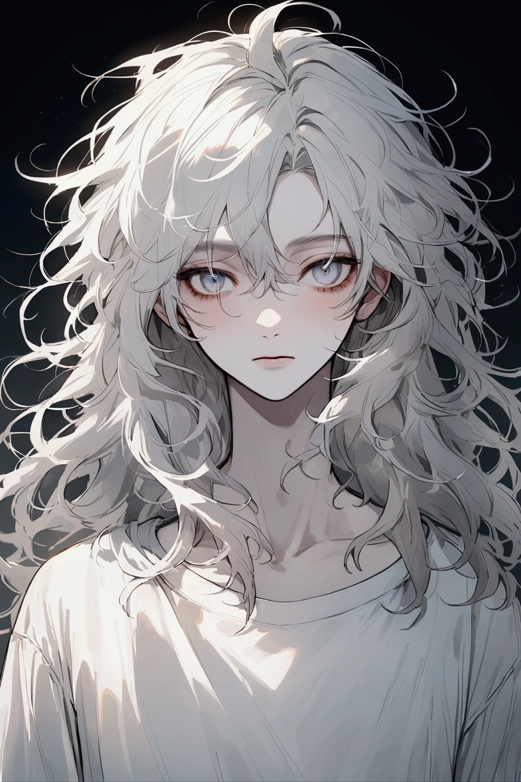 aesthetic style, male with feminine face, white haired, pale skin, messy hair, hair length to neck, white plain t shirt