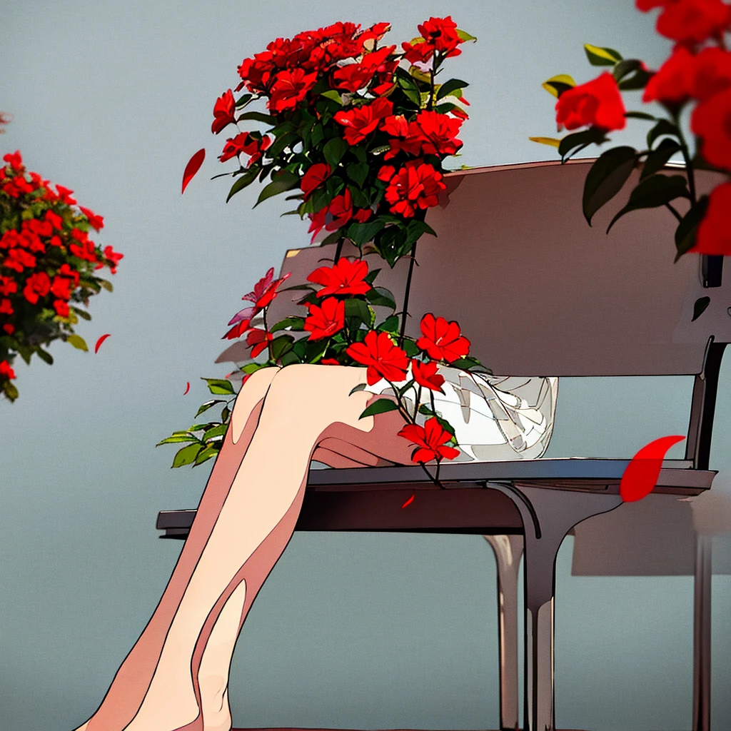 Light gray plain background Woman sitting on a bench Red flowers Simple